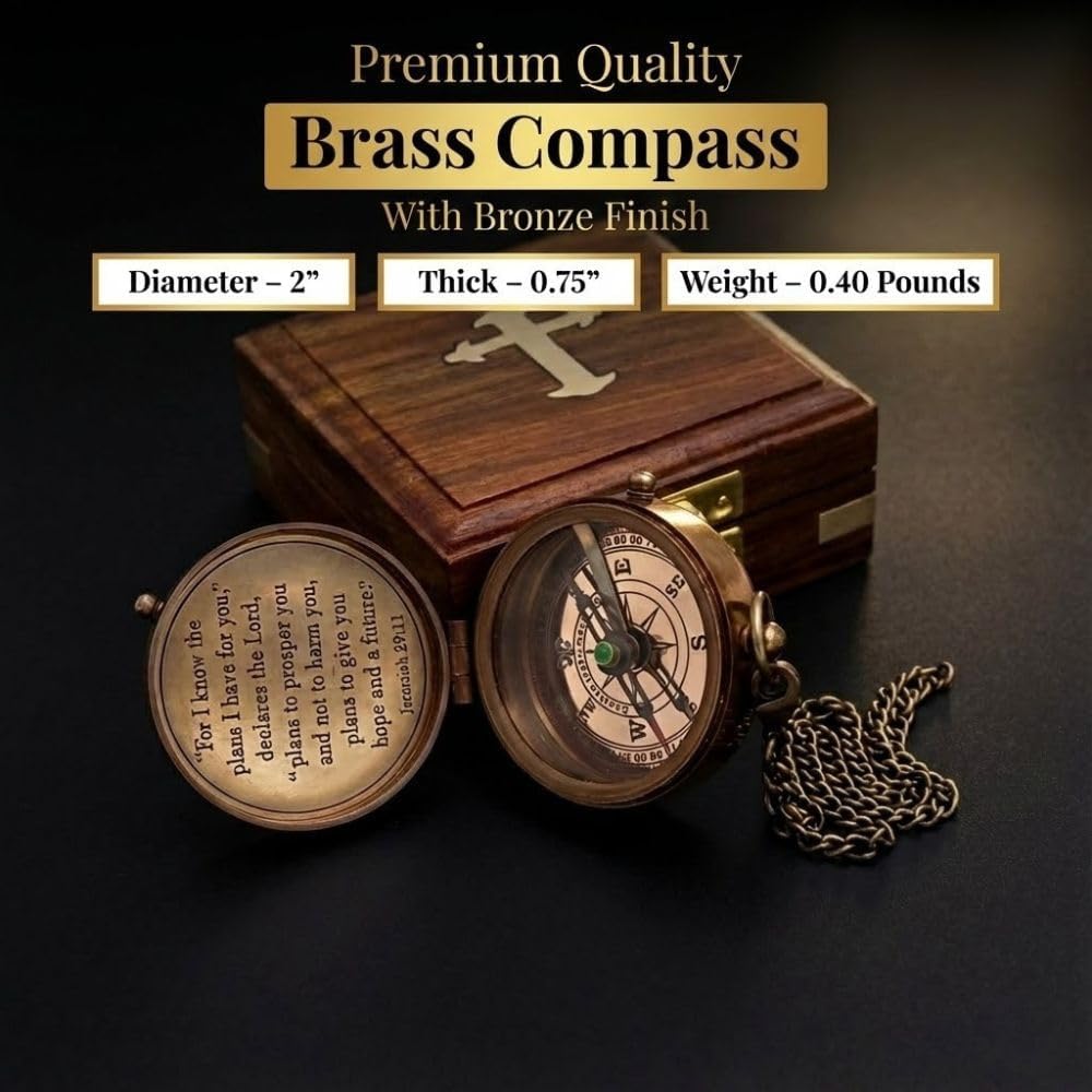 Compass – Brass Directional Vintage Compass Engraved with “for I Know The Plans I Have for You – Jeremiah 29:11” Communion Christian Gifts for Women/Men, Nautical Handmade Antique Décor Baptism Gifts - Image 8