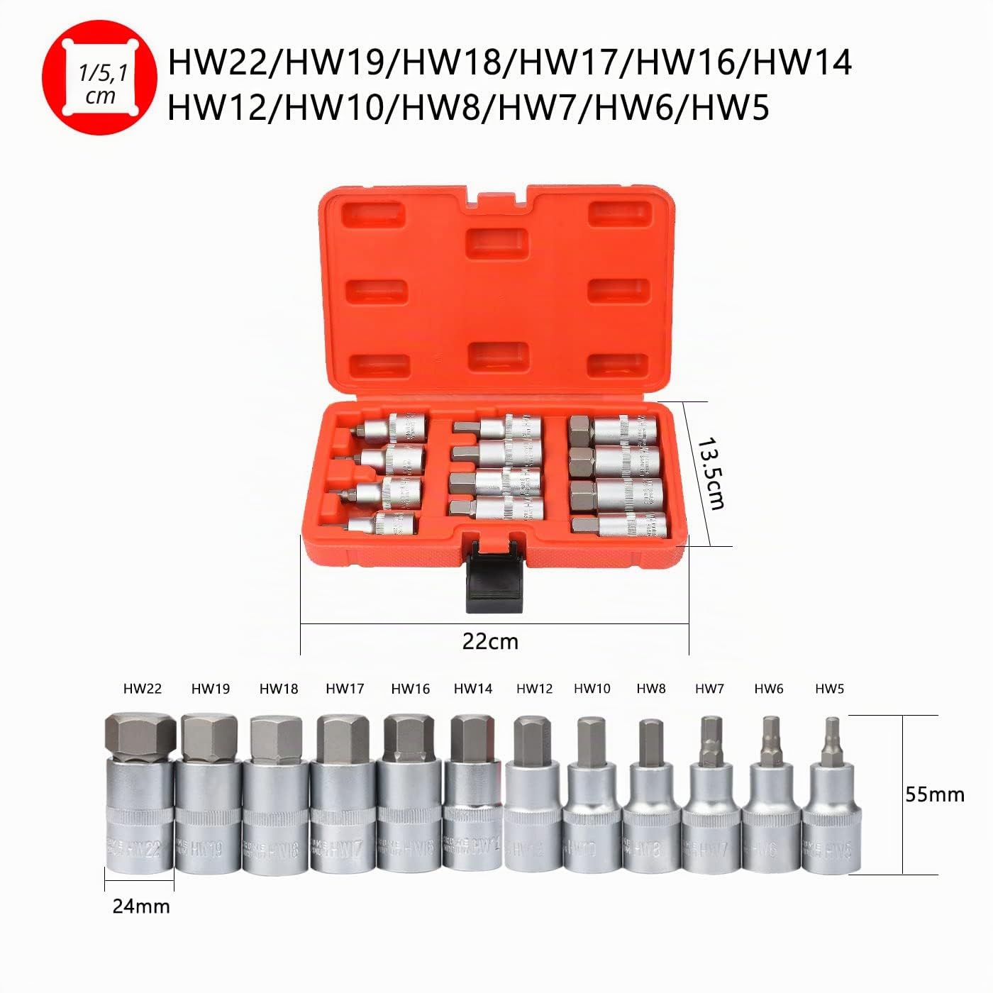 Juego de llaves hexagonales, puntas de destornillador hexagonales, 1/2 pulgadas, Premium S2, 12 piezas, métricas