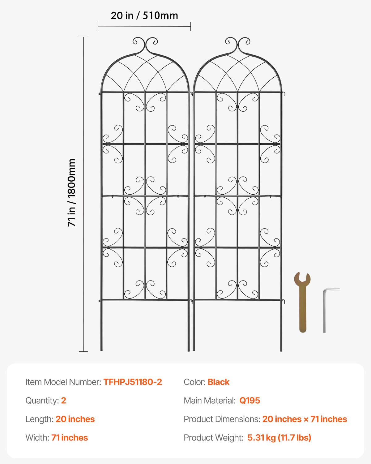 VEVOR Treillis Jardin pour Plantes grimpantes, 51 x 180 cm, Treillis Fleurs de Jardin en métal antirouille, Support de concombres, pour Cours, pelouses, 2 pcs