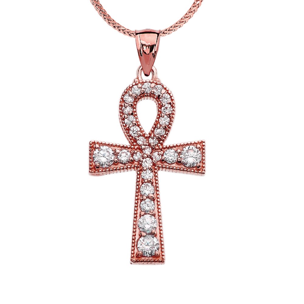 Diamond 14k Rose Gold Ankh Cross Pendant Necklace