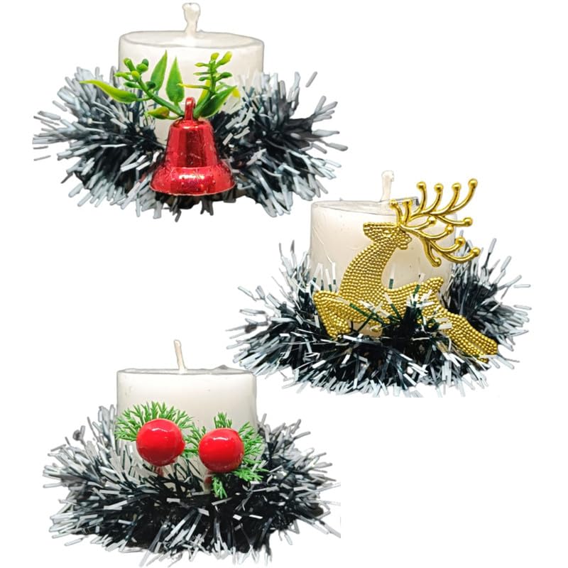 Beautiful White Wax Pillar Round Merry Christmas Candles with Decoration Items for Xmas Reindeer (Pack of 3)