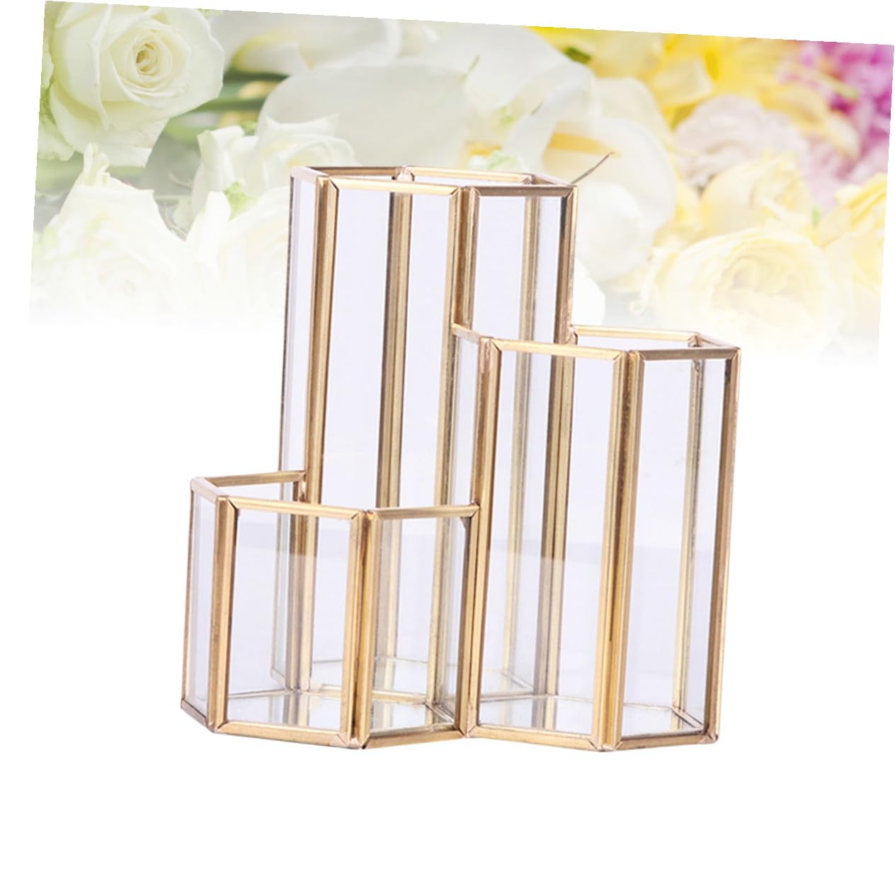 Sechseckiger Stiftehalter aus Glas, Goldfarben, für Schreibtisch