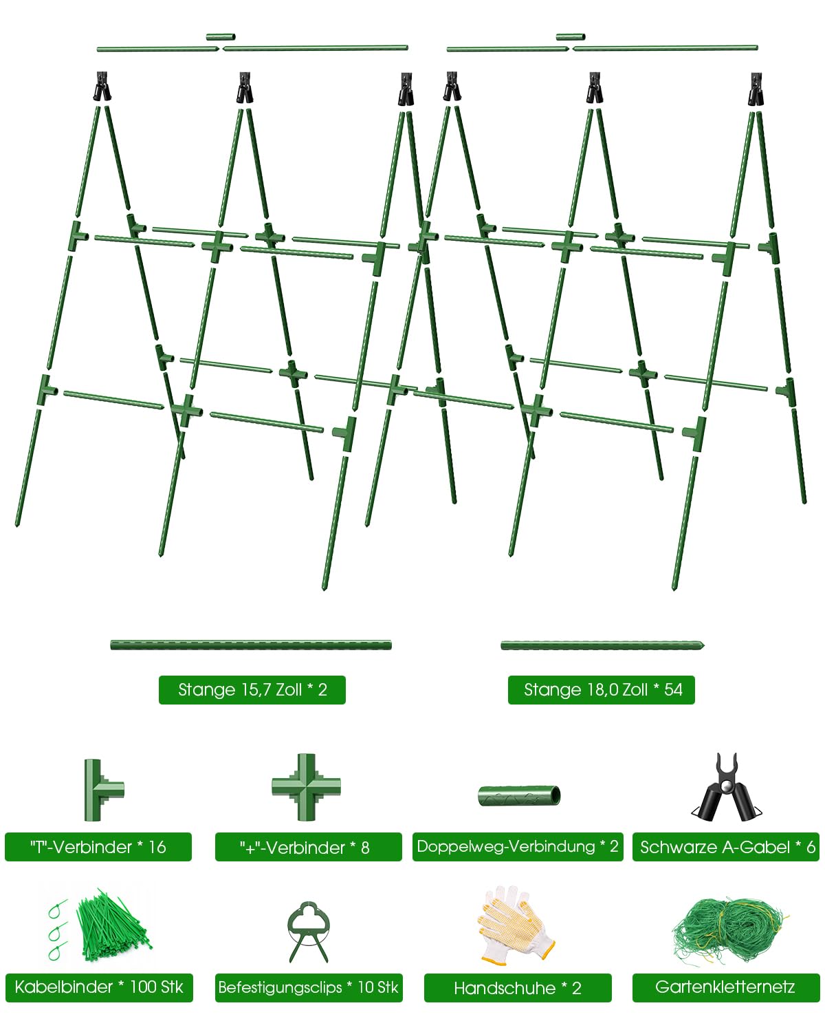 MYMULIKE 2 Stück Gurken Rankhilfe, 168cm x 120cm Garten Rankgitter für Kletterpflanzen im Freien, A-Rahmen, Abnehmbares Rankhilfe für Hochbeet, Trellis für Tomaten, Kürbis, Gemüse, Blumen