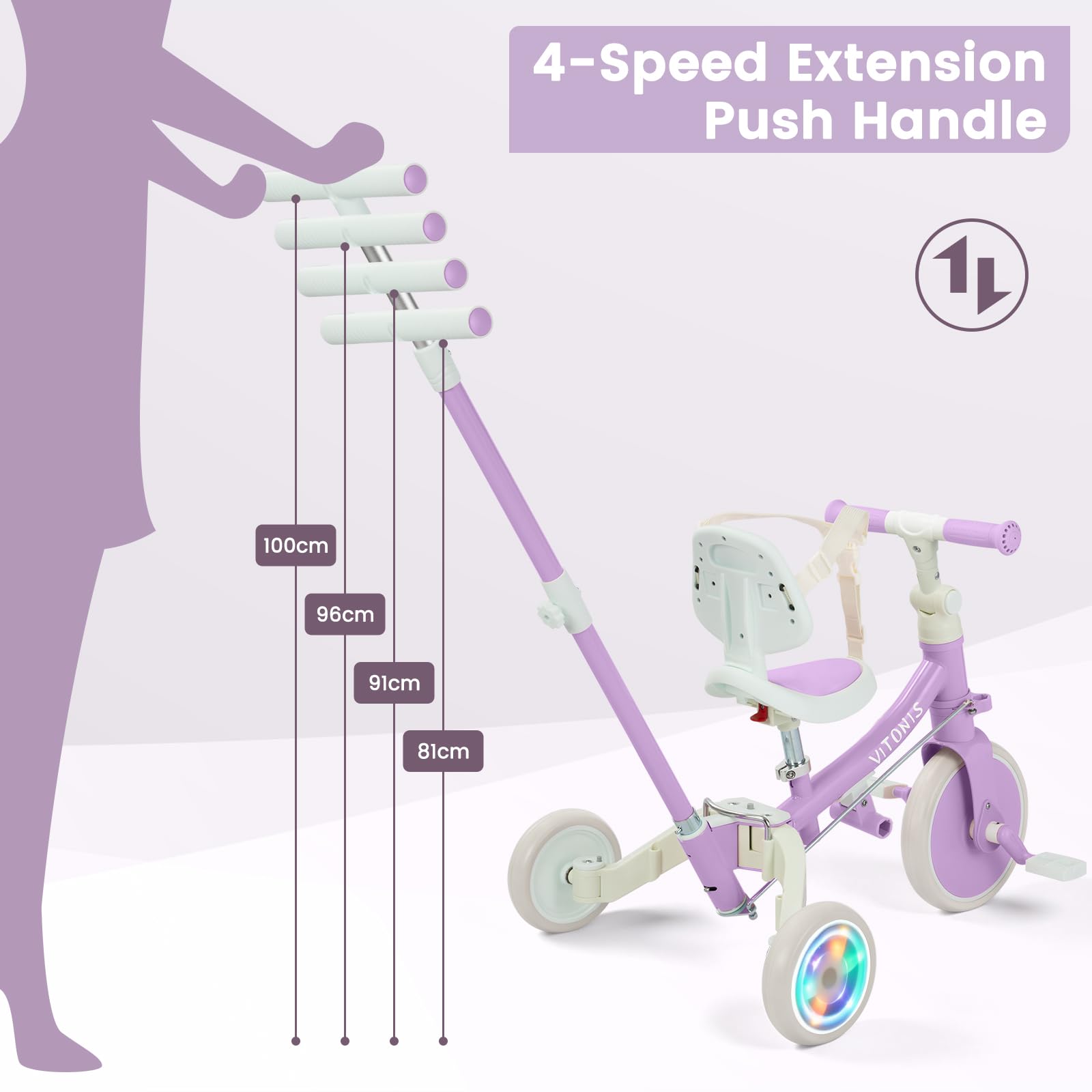 VITONIS Triciclo Infantil 5 en 1 para niños de 18 Meses a 5 años, con Ruedas Luminosas, Barra de Empuje, Respaldo y cinturón de Seguridad, Regalo para niños y niñas, Bicicleta sin Pedales, Morado