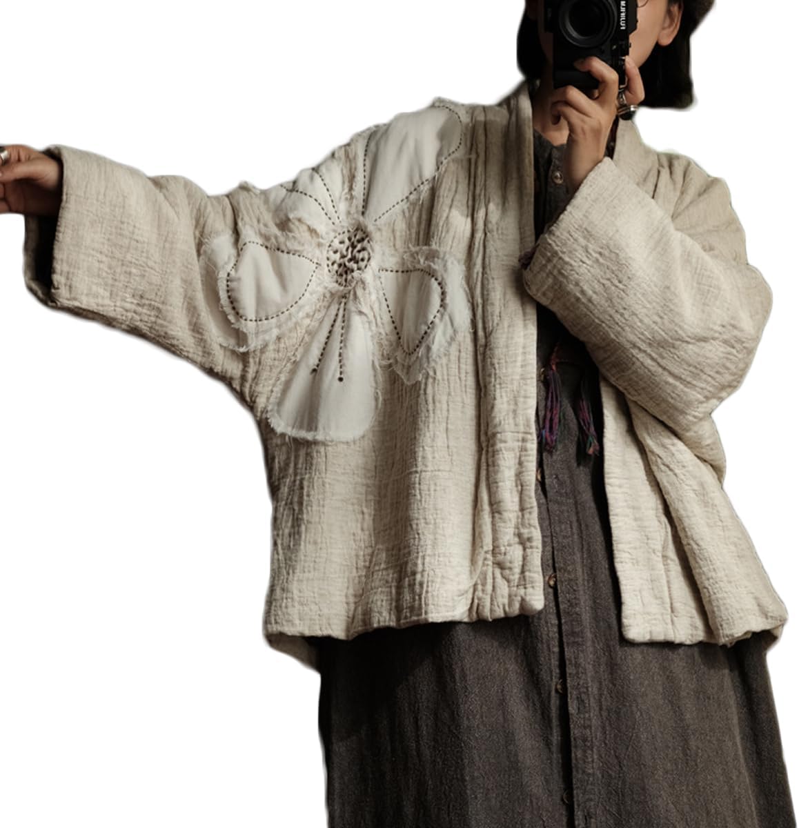 NFYM Women Cotton Linen Quilted Jacket Hand Embroidered Applique Flower Open Front Kimono Coat