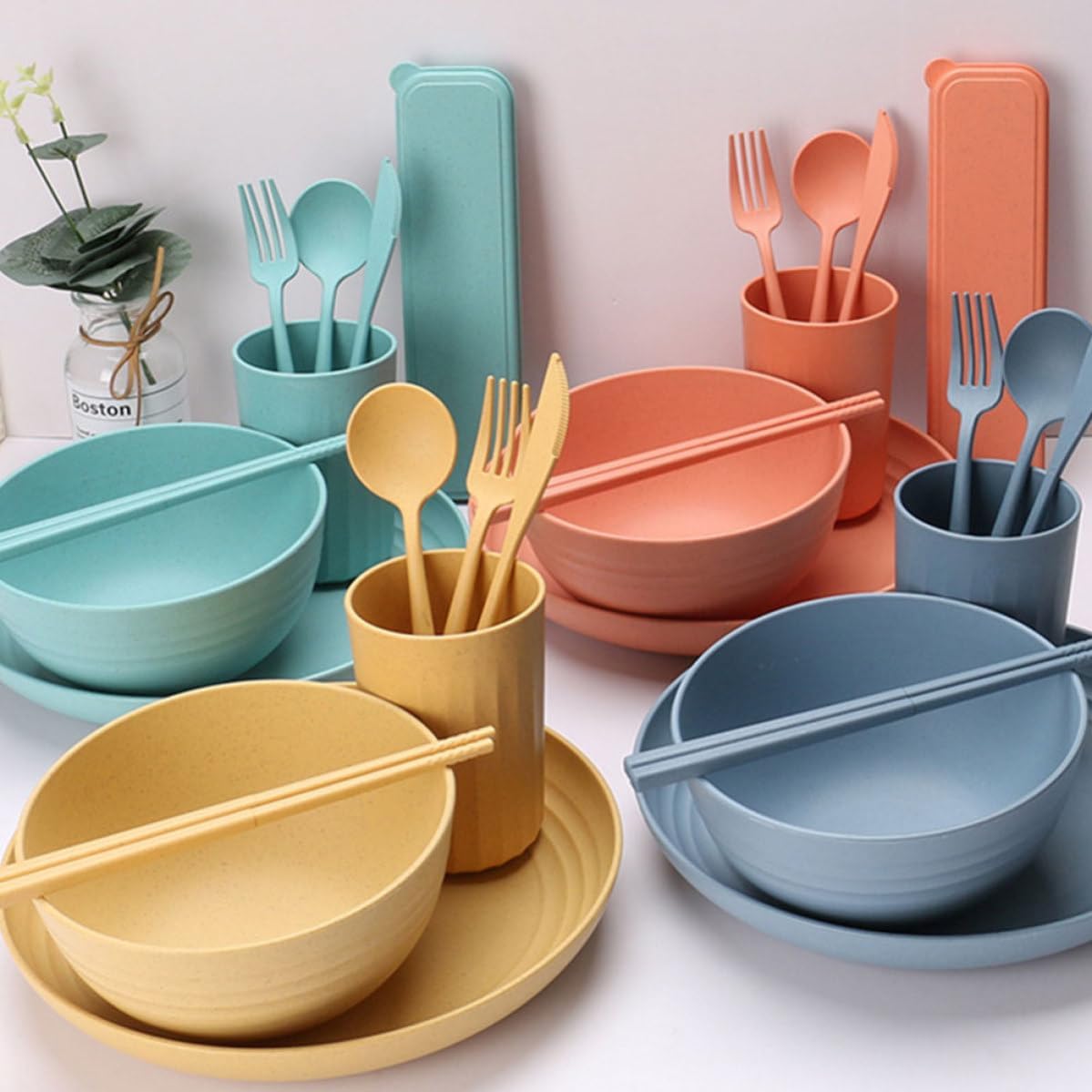 Portable Wheat Straw Tableware 4 Sets Xmas Kitchen Cutlery