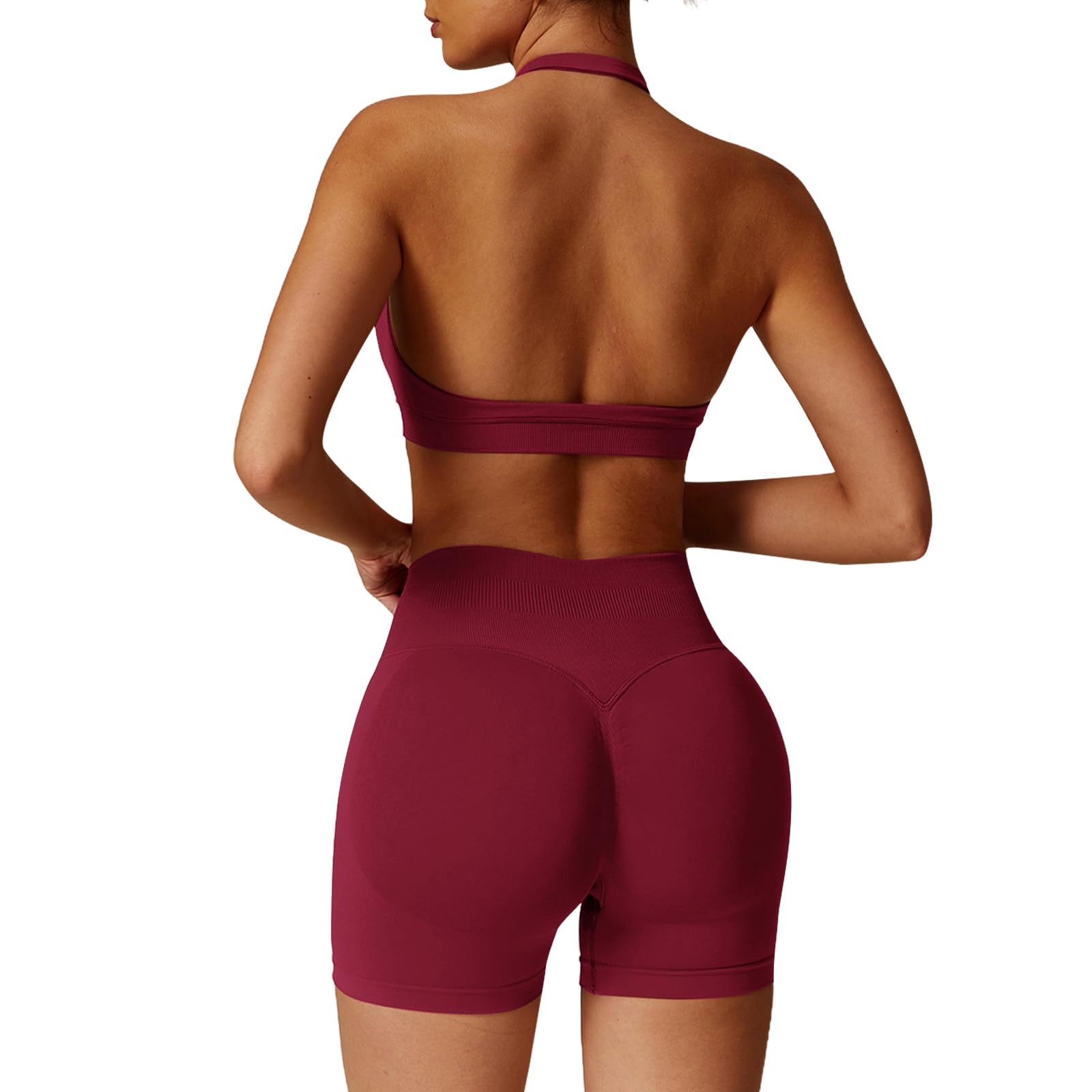 Set di allenamento senza cuciture per le donne 2 pezzi Halter Backless reggiseni sportivi nascosti pantaloncini elastici abiti da yoga tuta da palestra