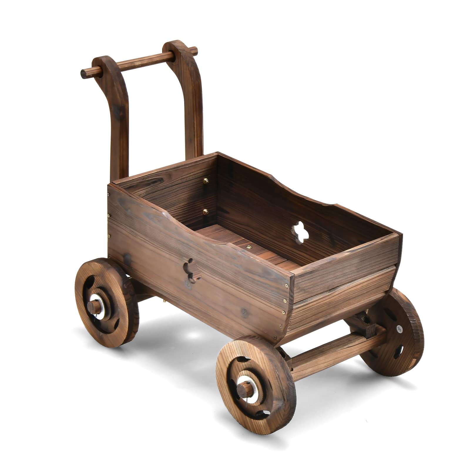COSTWAY Blumenwagen Holz, Pflanzwagen mit Rädern und Griff, Pflanzkasten mit Abflussloch, Pflanztopf Bollerwagen, Schubkarre Gartendeko, Rustikaler Pflanzkarre für Garten Terrasse, Braun