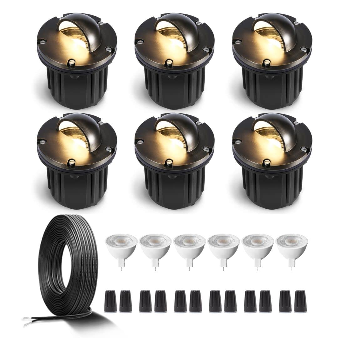 Gardenreet Brass Low Voltage In Ground Well Lights Kit(6 Pack) with LED MR16 Bulb & 100Feet Wire & Connectors, 12V AC/DC Landscape Lighting for