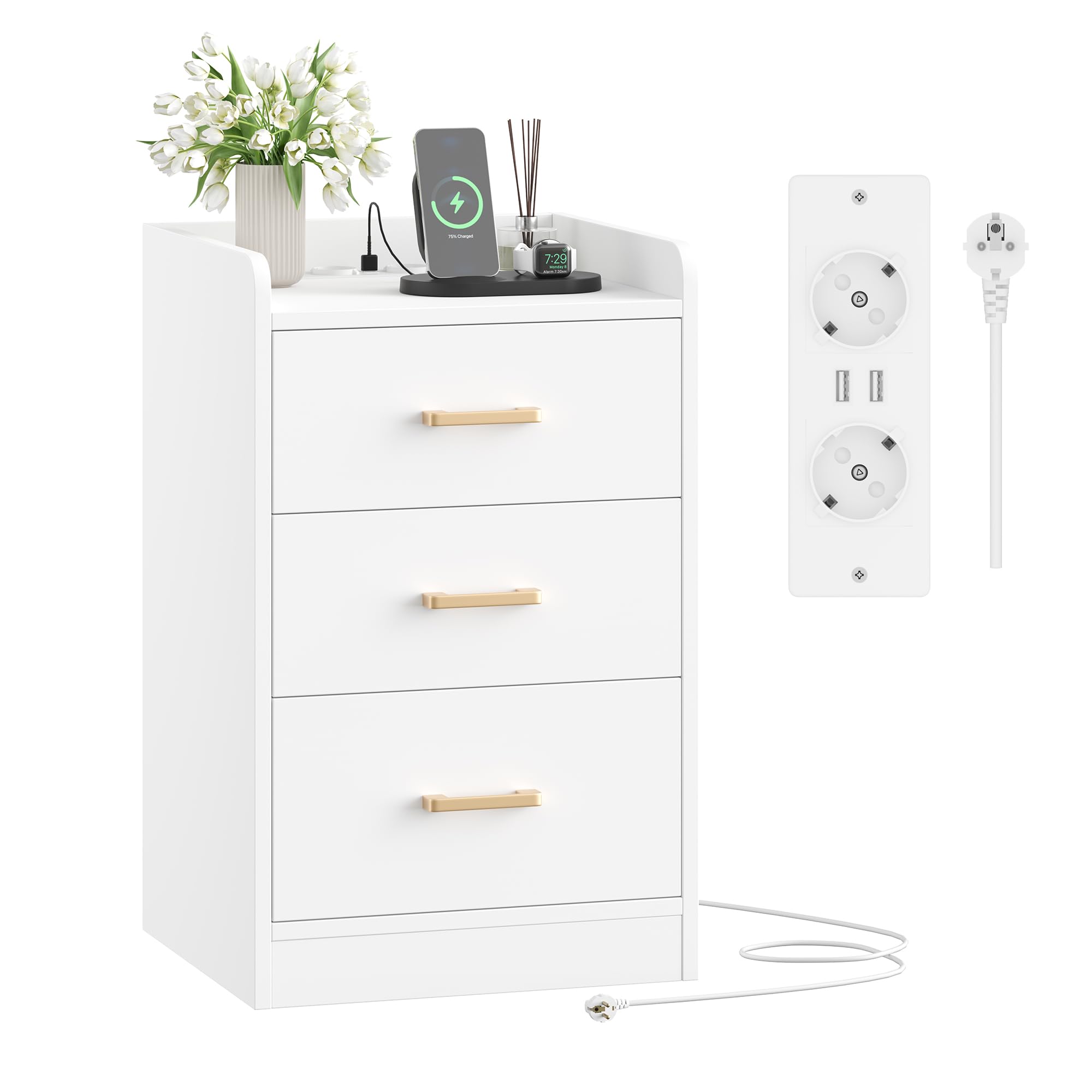FirFurd Nachttisch Nachtschrank mit Steckdosenleiste & 3 Schubladen | Beistelltisch mit 2 AC-Steckdosen, 2 USB-Anschlüsse, 1,5 m Netzkabel, für Schlafzimmer Wohnzimmer Büro, 40x38x66cm, weiß