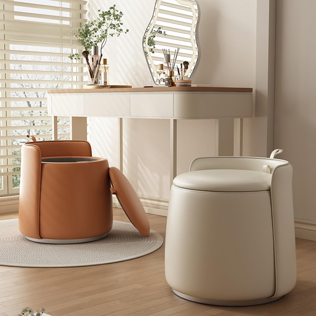 GIZNXBA rund Sitzhocker Mit Stauraum 360°-Drehung Leder Pouf Hocker Für Couch, Polsterhocker rund Fußstütze Mit Deckel