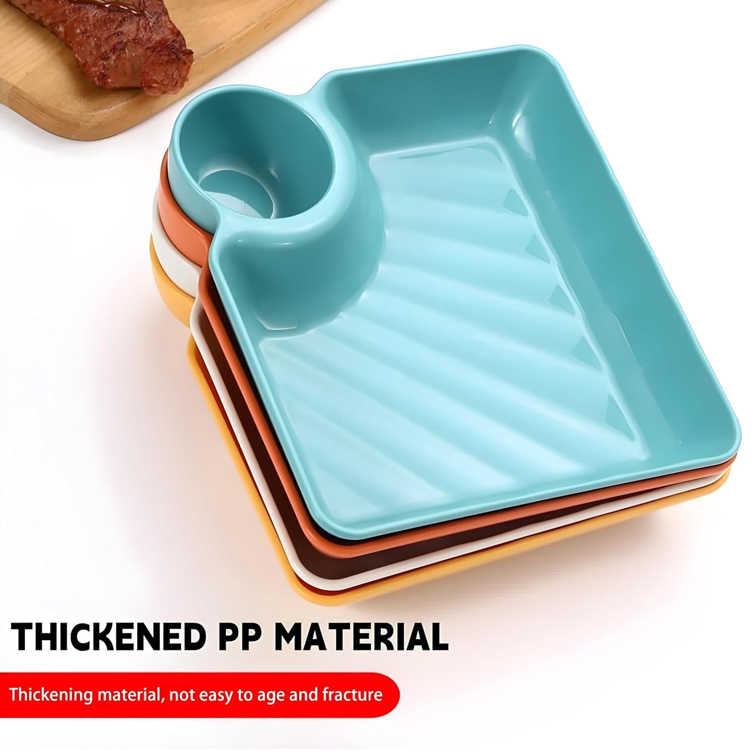 Kolorful Sauce Compartment Plastic Square Tray Dumpling Plate with Round Dip Part Dishes for Serving Tray for Chips Dips,Dumplings,Pasta,Salsa,Tacos, Nachos,Momos,Snacks,Reusable Appetizers (2) 4