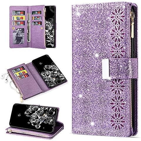 QC-EMART for Huawei P Smart 2019 Phone Wallet Case Large Capacity Card Holders Zipper Pocket Flip Cover Glitter PU Leather Magnetic Blocking Ladies Purse Clutch for Huawei P Smart 2019 Purple Cover