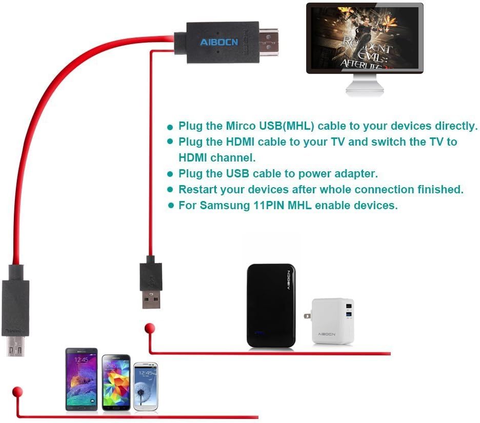 Aibocn 6.5 Feet 11 Pin Micro USB to HDMI Adapter Cable 1080P HDTV for Samsung Galaxy S5, S4, S3, Note 3, Note 2, Galaxy Tab 3 8.0, Tab 3 10.1, Tab Pro, Galaxy Note 8, Note Pro 12.2(NOT for Tab 3 7.0, Note 10.1, Note 3 N9008V)
