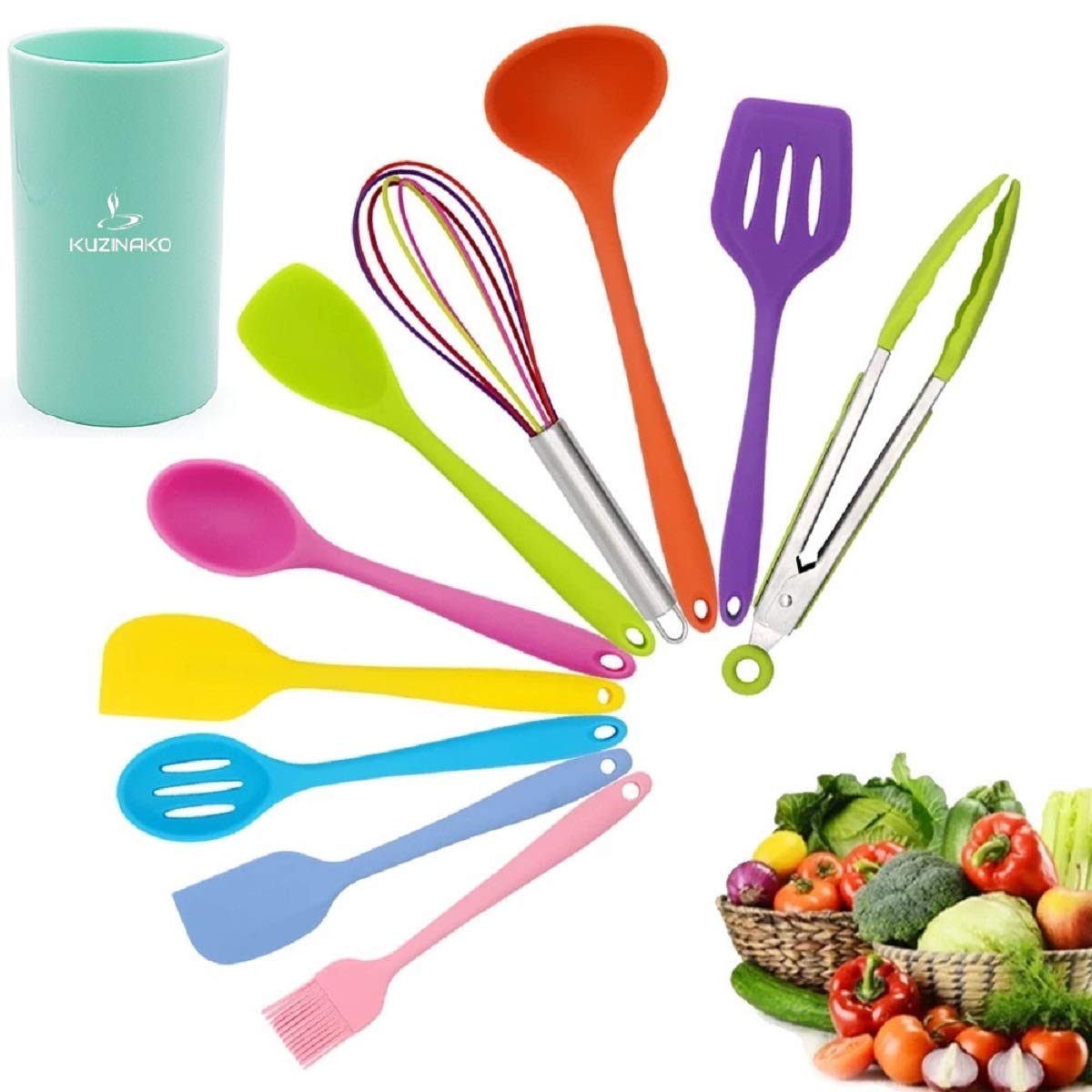 10 Pcs Silicone Cooking Utensils Set with Holder for Non-stick Cookware Kitchen Spoons for Cooking Silicone Cooking Utensils Silicone Turner Tongs Spatula Spoon Kitchen Gadgets (Multicolored)