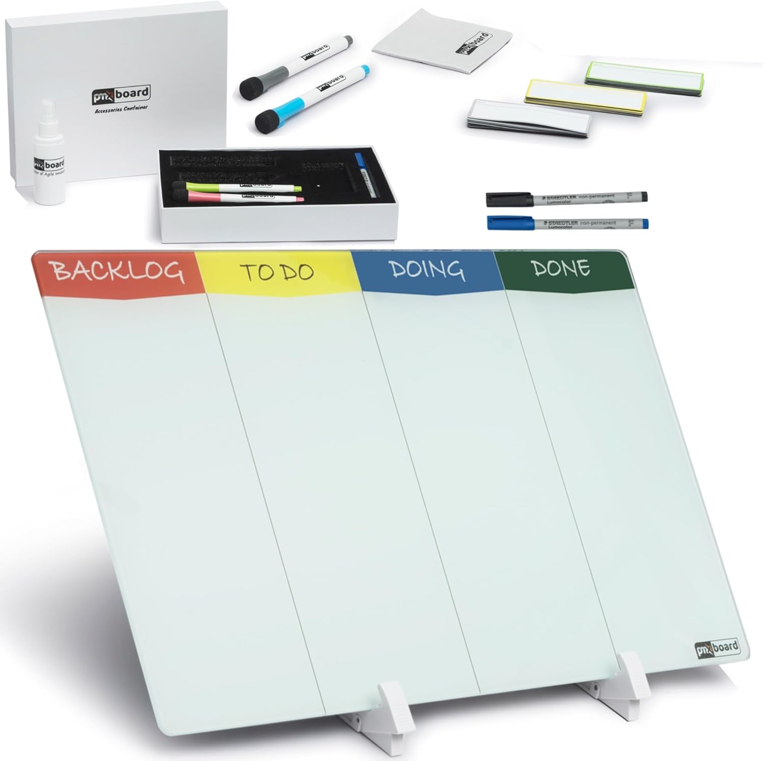 Double Sided Desktop Kanban WhiteBoard Set with Desk Stand. 18x11, Dry Erase Glass Surface, 24 Reusable Kanban Cards, 6 Markers, Accessories. Portable Project Planning Desk WhiteBoard Kit