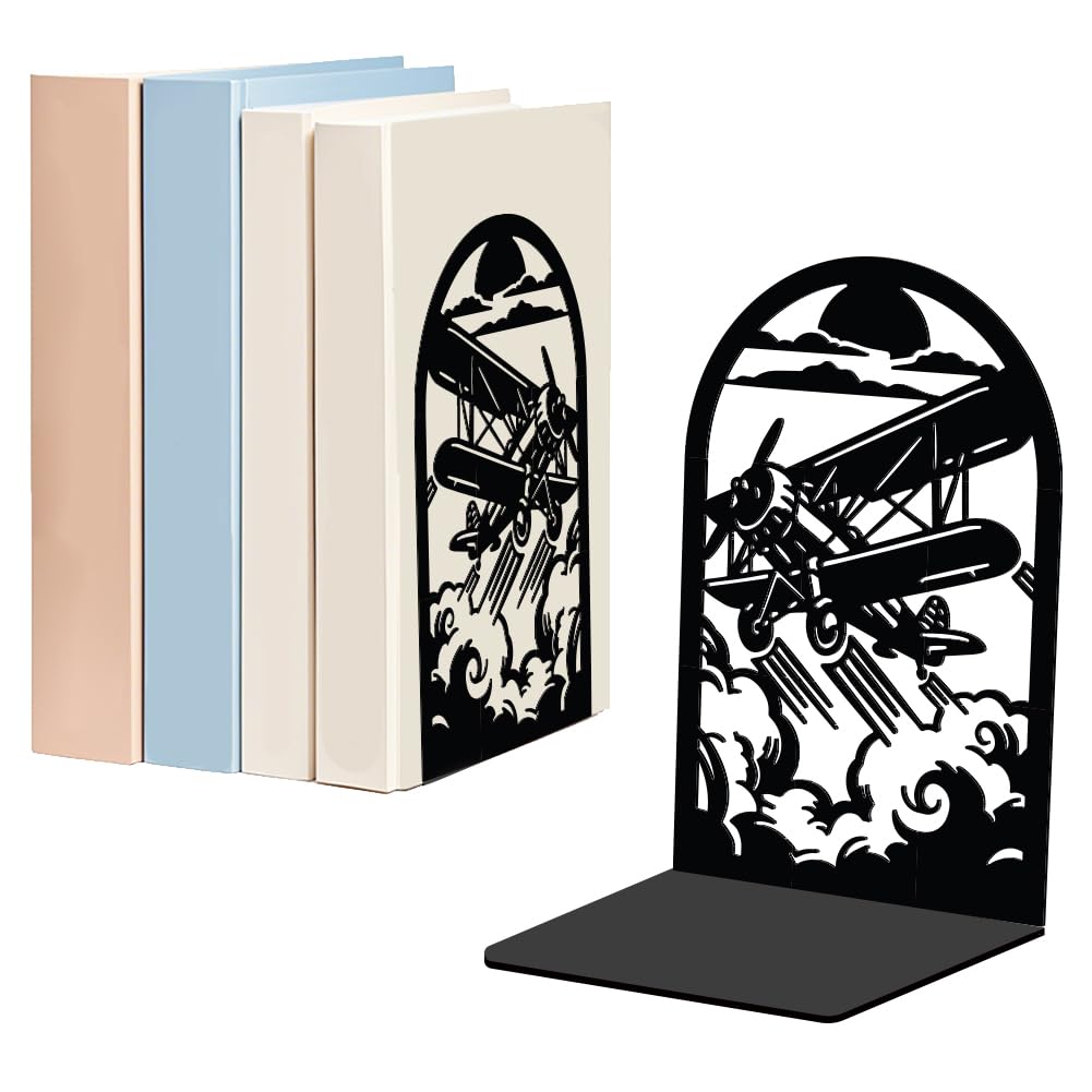 WADORN 1 Pair Airplane Metal Decorative Bookend for Shelves, Heavy Duty Book Ends Modern Non-Skid Books Holder Stand Black Book Support Stoppers for Desk Bookshelf Office Pilot Gift, 5.3x4.3x7.8 Inch
