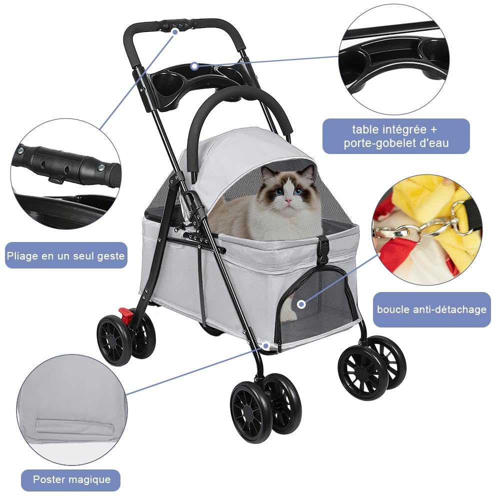 OHMG Poussette Chien 3-en-1, Poussette pour Chat Pliable, Panier de Rangement, Fenêtre en Filet, pour Petits Chiens et Chats, Jusqu'à 25 kg, 4 PCS Roues Résistant à l'Usure à 360°
