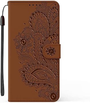 ケース Compatible with Huawei P Smart 2020 Flower Embossed リストストラップフリップフォリオキックスタンドPUレザーウォレットケース、カードスロット付き for Huawei P Smart 2020 Brown