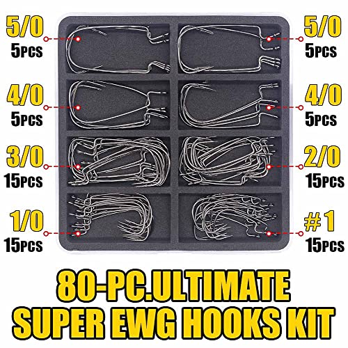 Ewg-Hooks-For-Bass-Fishing-Texas-Rig-Hooks-Offset-Extra-Wide-Gap-Plastic-Worm-Hook Set Freshwater Bass Rubber Worms Bulk Big Fish Swim Bait Lures Hook Kit 1/0 2/0 3/0 4/0 5/0 6/0 50 Pack #TOP3