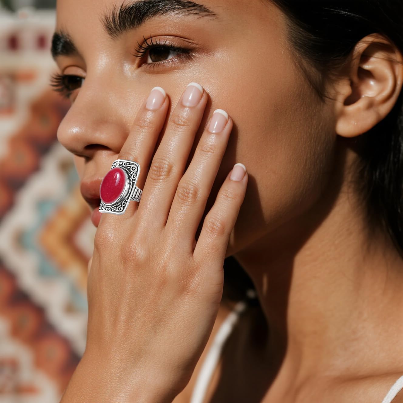Big Natural Stone Ring,Rectangle Retro Antique Vintage Sterling Silver Genuine Crystal Quartz Gemstone Statement Wide Chunky Boho Bohemian Full Finger Ring for Women