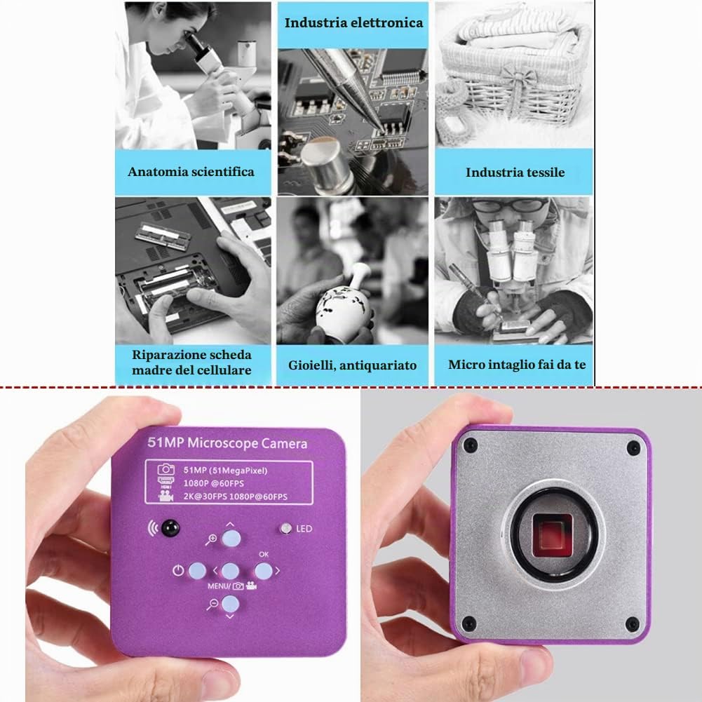 Fotocamera per microscopio Industriale Full HD 51MP 2K 1080P HDMI USB, Obiettivo con Attacco C Zoom 8X-130X 5100 CMOS Pixel Videocamera Digitale Elettronica con Telecomando,Spine statunitensi