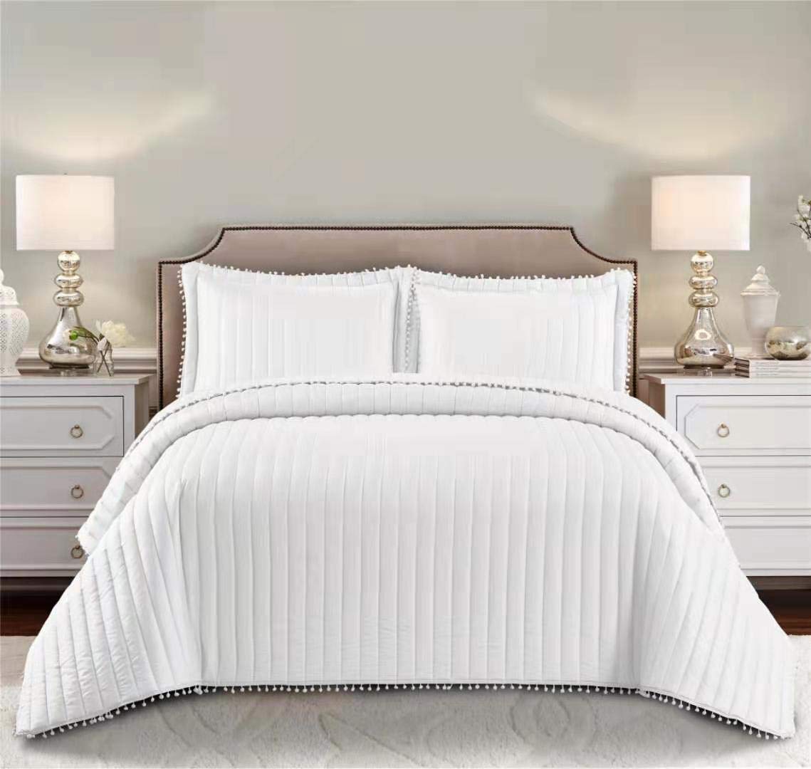 Householdfurnishing 3 Piece Quilted Bedspread Bed Embossed Bedding Set Throw Comforter with Pillow Shams (White, King)