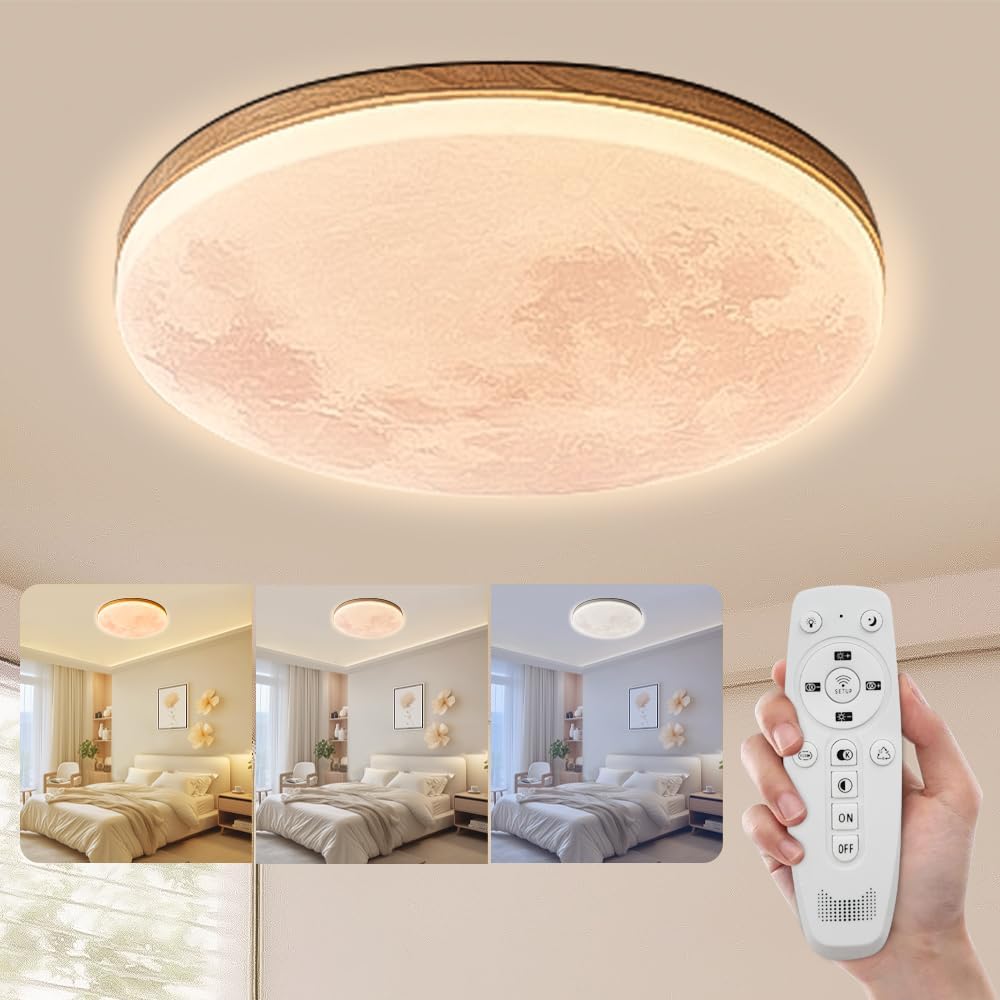 15 inch LED Dimmable Moon Ceiling Light Fixture 30W with Remote Control, Modern Wall Mount LED Round Wooden Ceiling Lamp 3000K-6500K Adjustable for Living Room, Hallway, Dining Room, Bedroom