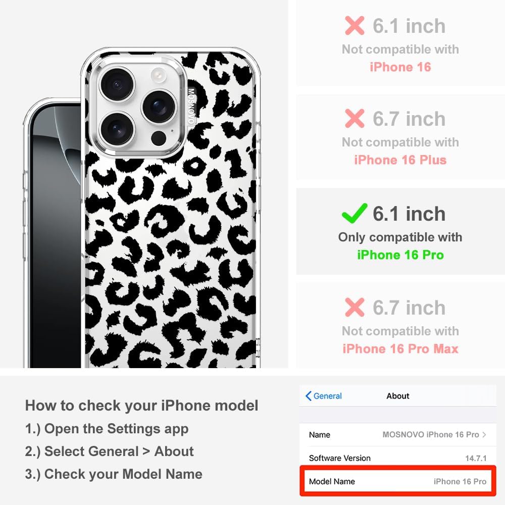 MOSNOVO Case for iPhone 16 Pro, [Buffertech 6.6ft Military-Grade Drop Protection] [Anti Peel Off Tech] Clear TPU Bumper Phone Case Cover Design - Black Leopard Print - Image 2