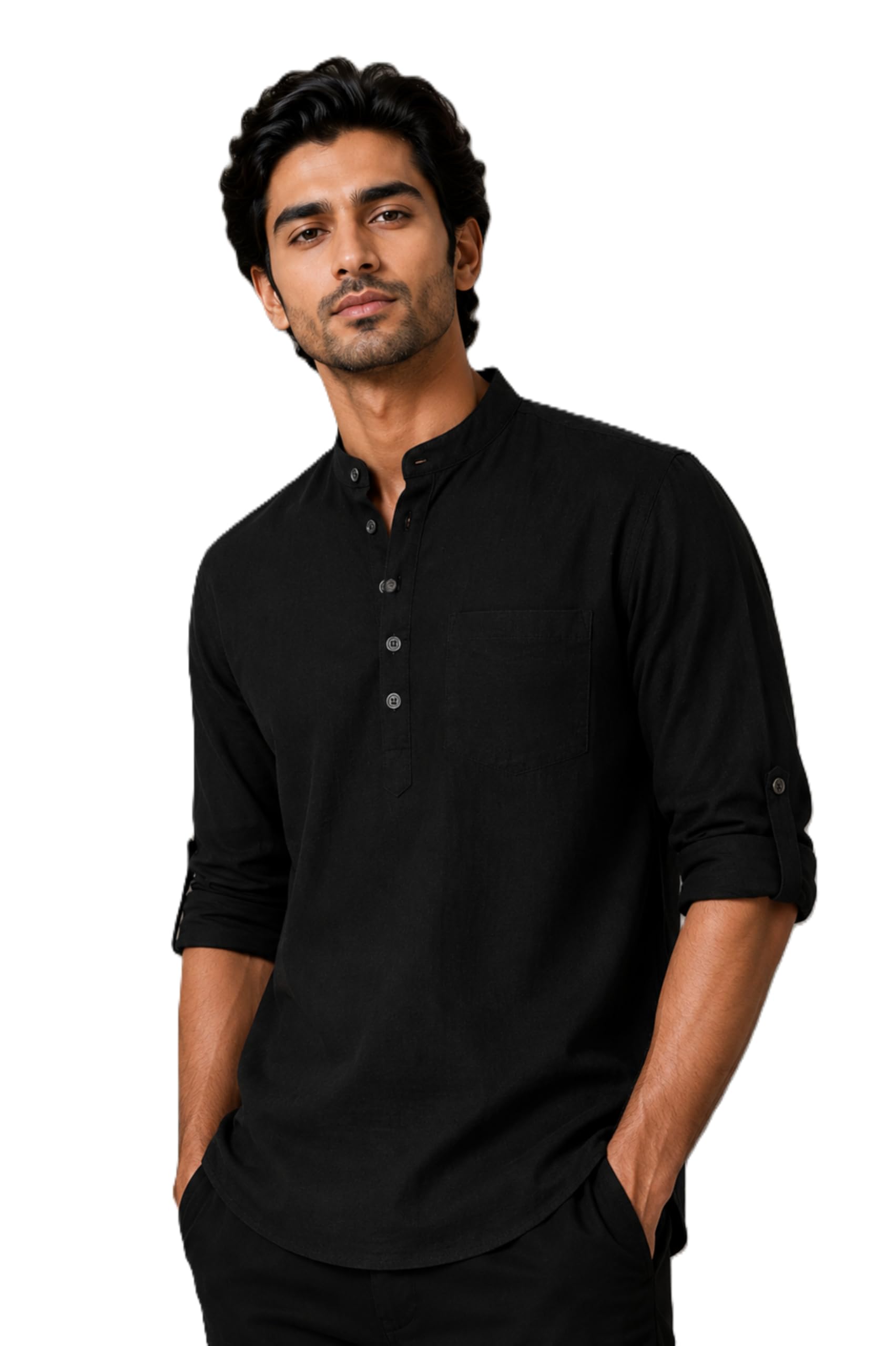 qashida Men's Cotton Linen Blend Relax Fit Short Kurta | Mandarin Collar | Roll-Up Sleeves | Hip Length | Solid Black-picture-22