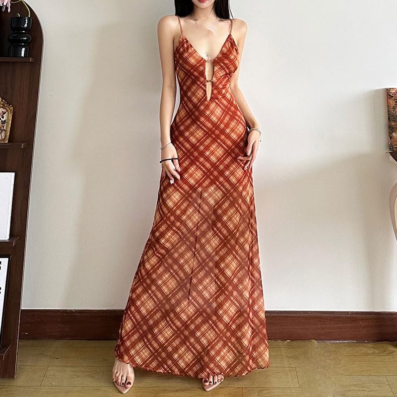 JSEIAJB Spring Women's Wear Backless Dress Color Slim Fit Sleeveless Long Skirt High Waist Fashion V-Neck Suspender Dress(Medium)