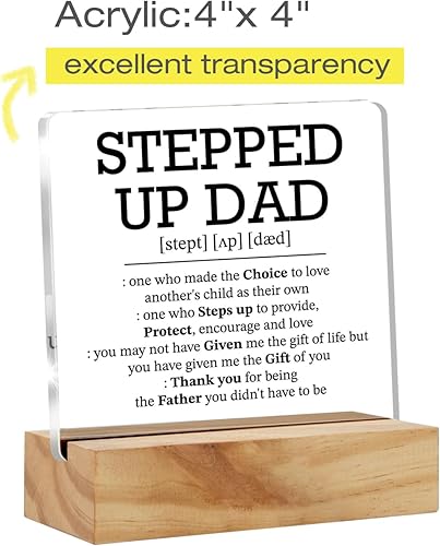 Miniatura 2 de Regalos para padrastro con texto en inglés "Stepped up Dad" - Placa de acrílico con soporte de madera, letrero de escritorio para oficina en casa,