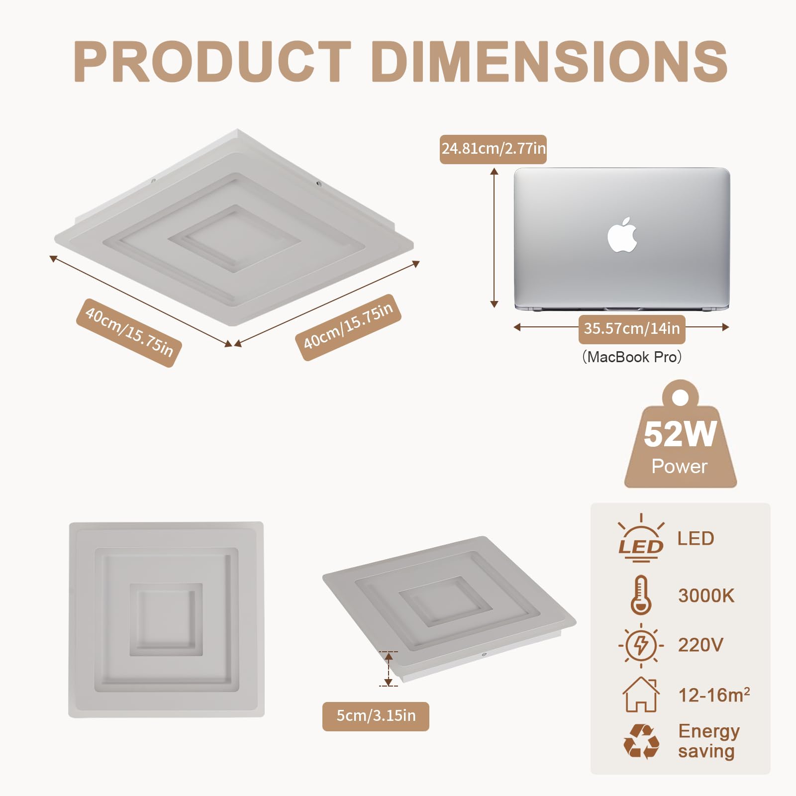Comely LED Deckenleuchte 52W Quadrat 40cm, Warmweiß 3000K, Moderne Deckenlampe für Wohnzimmer, Schlafzimmer, Flur, Küche, Acryl LED Deckenbeleuchtung Innen, Flache Lampe Weiß