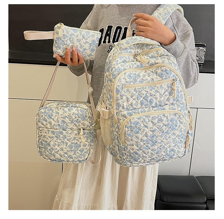 Floral Pattern Backpack Set, 3-Piece Travel Bag Collection with Lunch Box, Lightweight Cloth Material, 16.9 inch Height (blue)4
