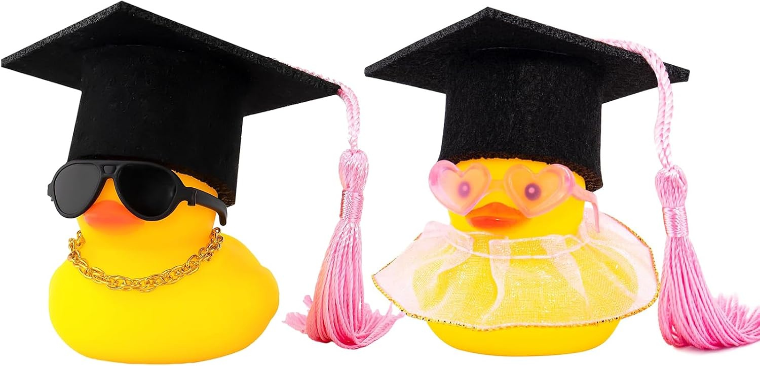 wonuu Pack of 2 Pink Graduate Rubber Ducks with Graduation Hat Skirt Necklace Sunglasses for Gifts Car Duck Decoration Photo Props