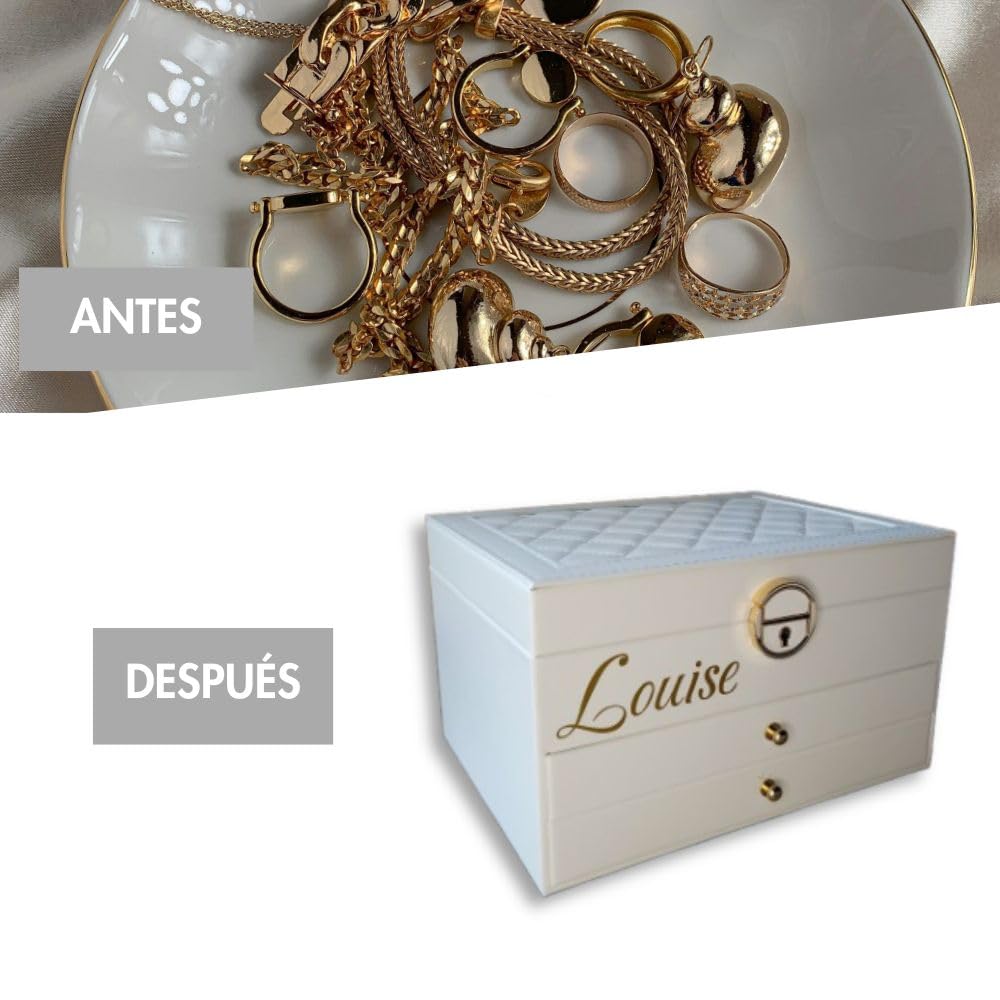 BS Joyero para mujer y niña | Joyero personalizado con nombre, para regalo - fiesta | Almacenamiento de joyas con cerradura con llave, cuero vegano, organizador de joyas (blanco)