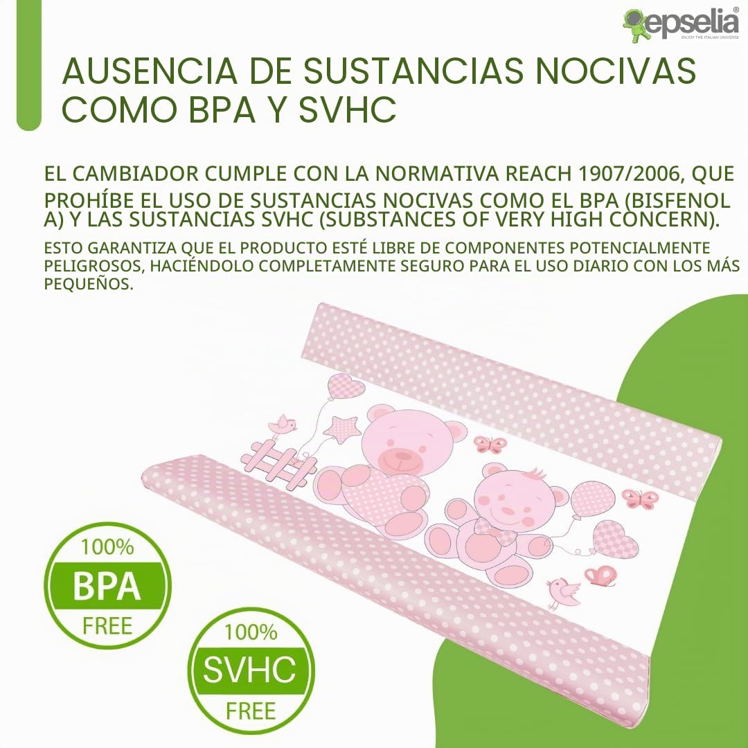 EPSELIA - Colchón cambiador de PVC, bolsillo de fijación no tóxico conforme a EN71, prueba antivuelco conforme a EN 12221, 80 x 50 x 10 cm, fácil mantenimiento
