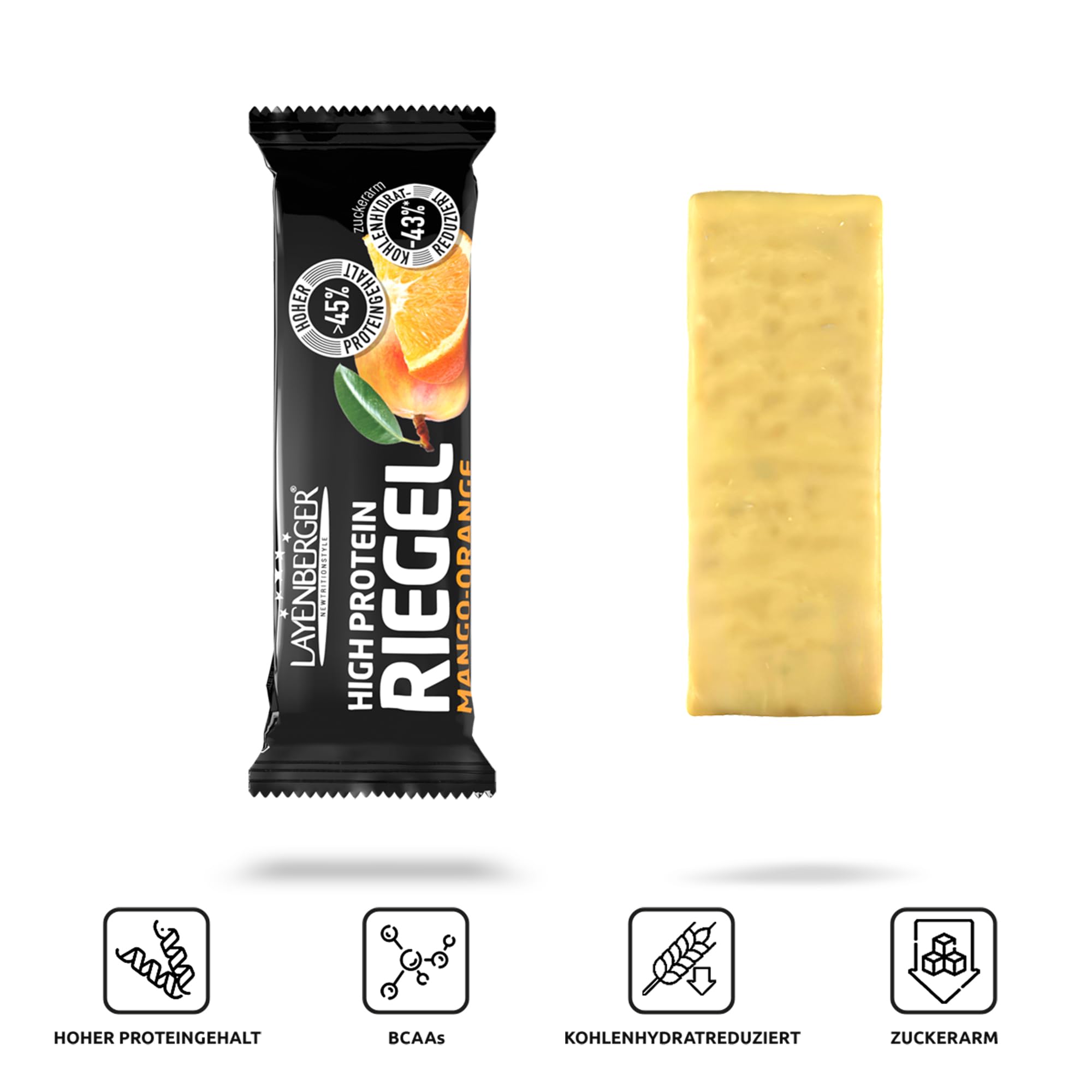 Layenberger High Protein Riegel - Fitness Power Bar, viel Eiweiß, wenig Zucker - 18er Pack (18 x 35 g) - Mango-Orange