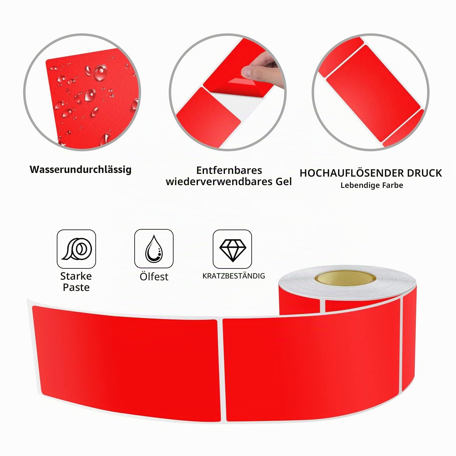 200 Stück Aufkleber Rot Selbstklebend Etiketten Umzug 12,7 × 7,6 cm Rechteckig Sticker Rolle Ablösbar Rot