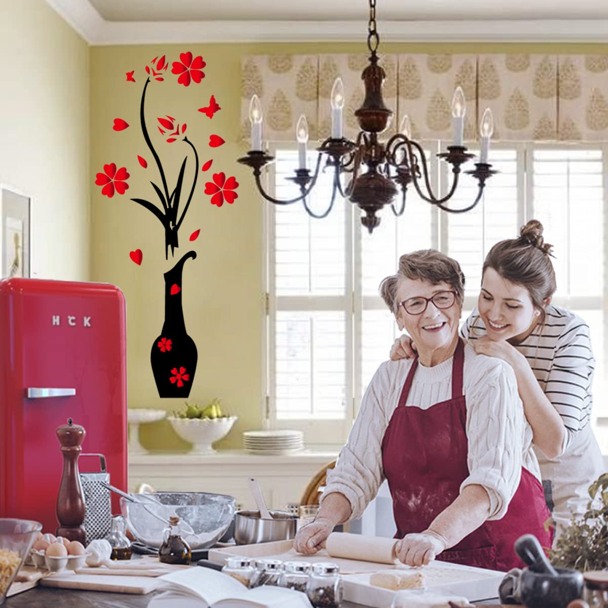 Kuchnia ścienna dekoracja naklejki kuchnia cytaty 'This Kitchen is Seasoned with Love' czerwone serce motyl naklejka ścienna usuwalne naklejki ścienne wazon sztuka ścienna naklejka do jadalni kuchni restauracji domu