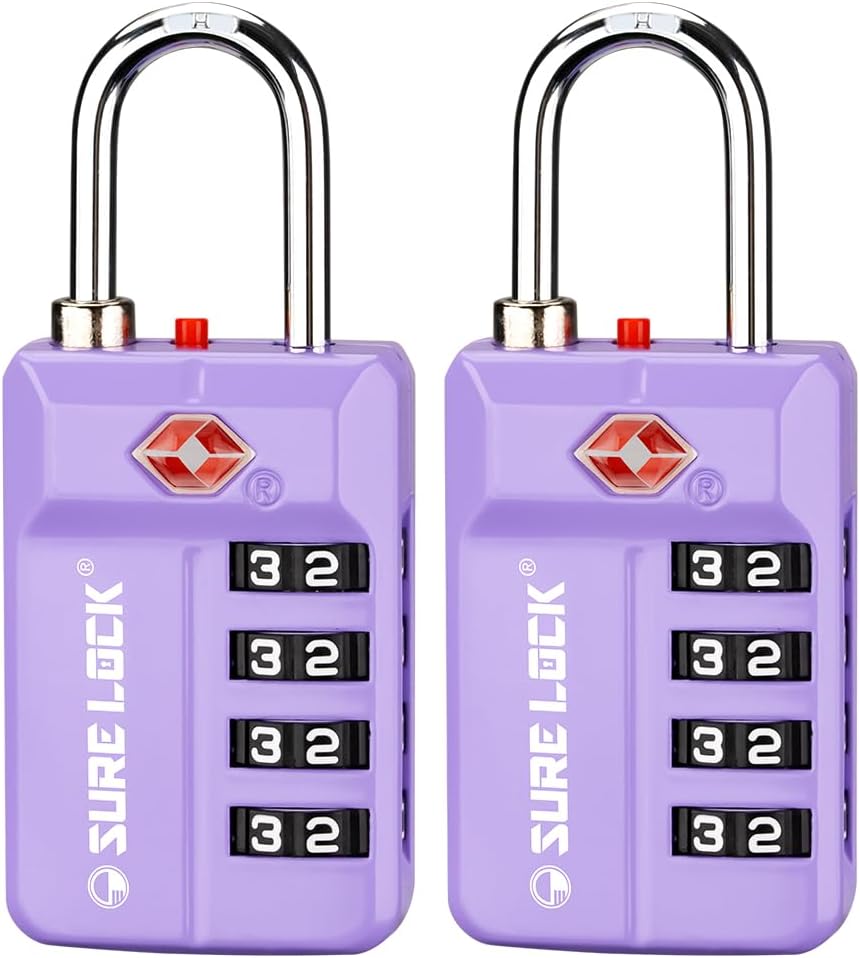 SURE LOCK TSA-Approved 4-Digit Resettable Combination Luggage Lock with Open Alert, Easy-Read Dials - for Luggage, School Lockers, Gym, Office, Toolbox & Security Cases (Purple 2 Pack)