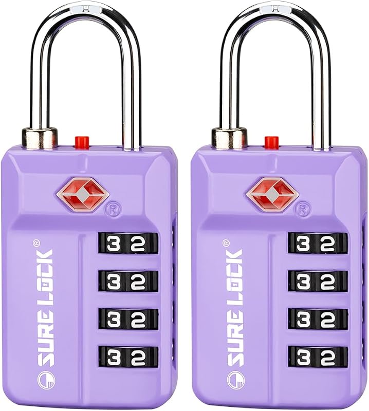 SURE LOCK Candado de combinación reiniciable de 4 dígitos aprobado por la TSA con alerta abierta, diales de fácil lectura, para equipaje, casilleros escolares, gimnasio, oficina, caja de herramientas y estuches de seguridad (paquete de 2 unidades), color morado