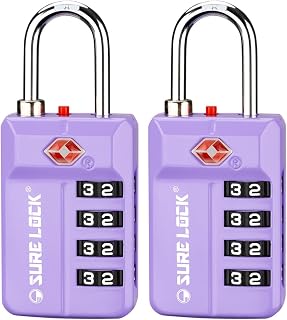SURE LOCK TSA-Approved 4-Digit Resettable Combination Luggage Lock with Open Alert, Easy-Read Dials - for Luggage, School Lockers, Gym, Office, Toolbox & Security Cases (Purple 2 Pack)