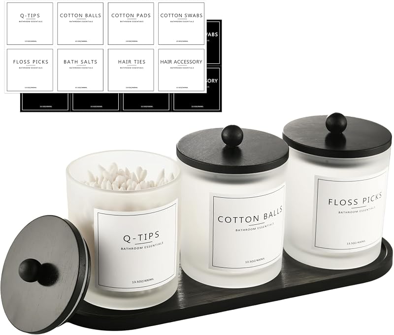 Juego de 3 soportes Qtip para baño, soporte para hisopos de algodón, dispensador de hilo redondo con bandeja, tarros de boticario de vidrio con tapas, organizadores de baño y botes de almacenamiento, color blanco esmerilado