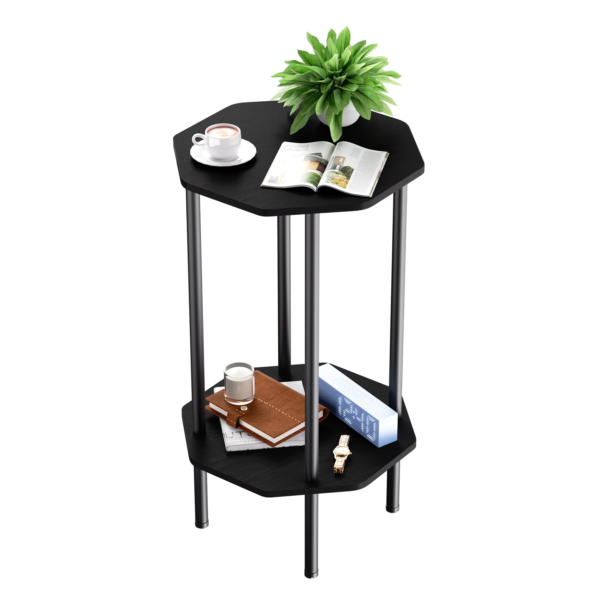 QLHousesuoH Side Table, Octagonal End Table for Small Spaces, Nightstand with 2 Storage Shelves, Small Table Stand for Bedroom, Living Room, Outdoor
