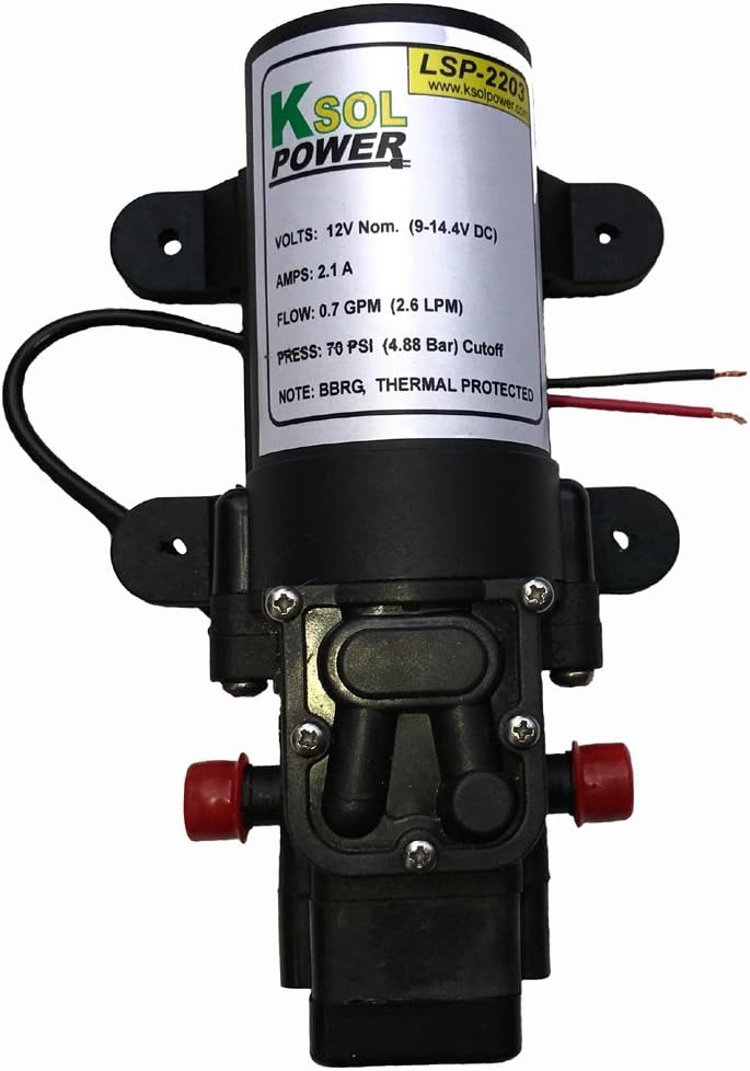 Surface Diaphragm Water Pump, 12VDC, 2.1A, 70PSI, 2.6LPM, 3/8" Barb, KSOL Power