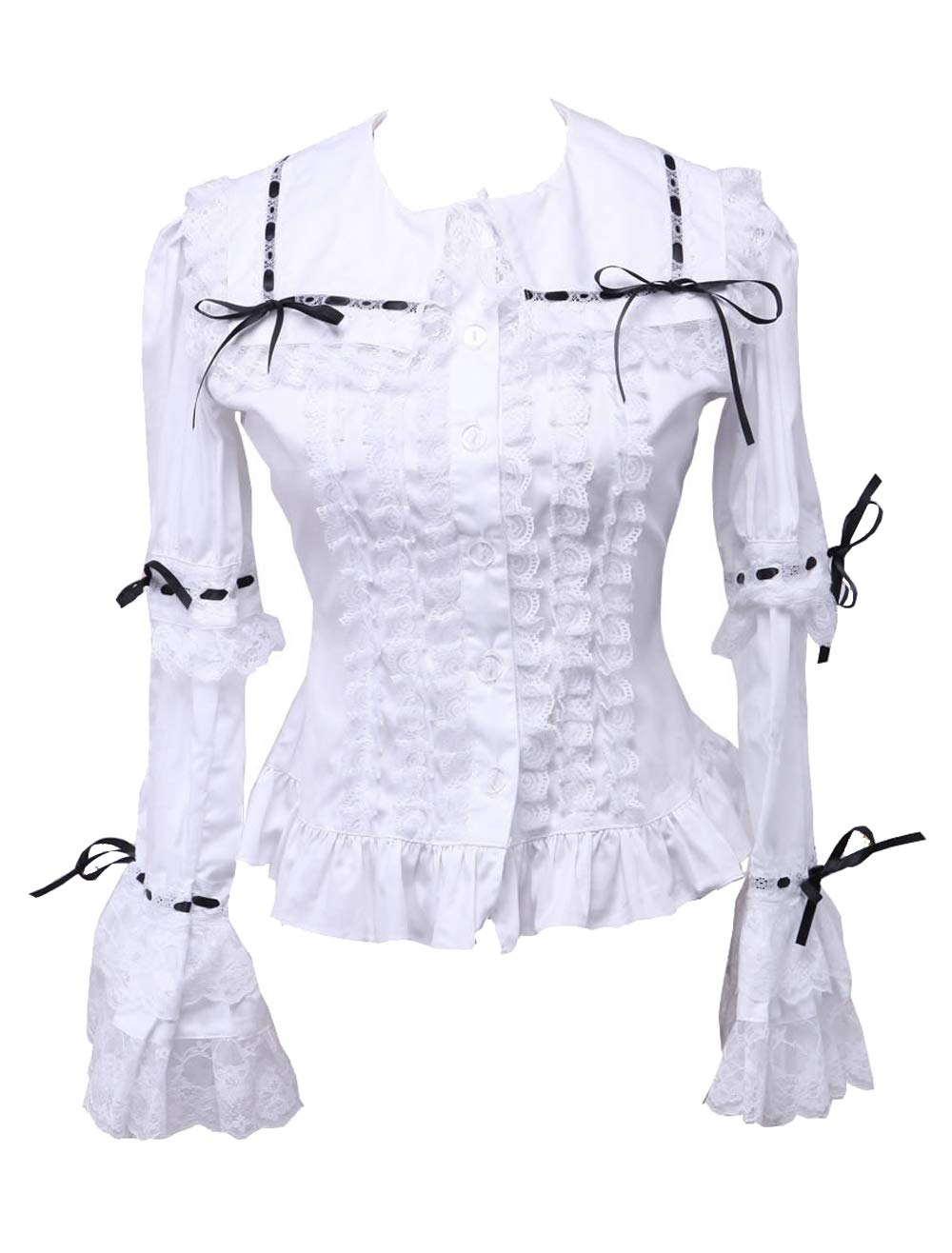 an*tai*na* Camicia colletto da marinaio vittoriano in cotone bianco con pizzo nero e volant,S