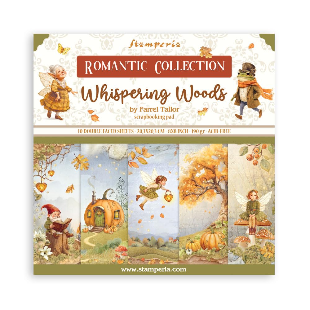 Stamperia - Scrapbook Paper Pad for Scrapbooking, Albums, Card Making, Bullet Journalling and More, Acid Free, Double-Sided, Perfect for Hobbies, Crafts, and Gifting (Whispering Woods) (20.3 x 20.3 cm