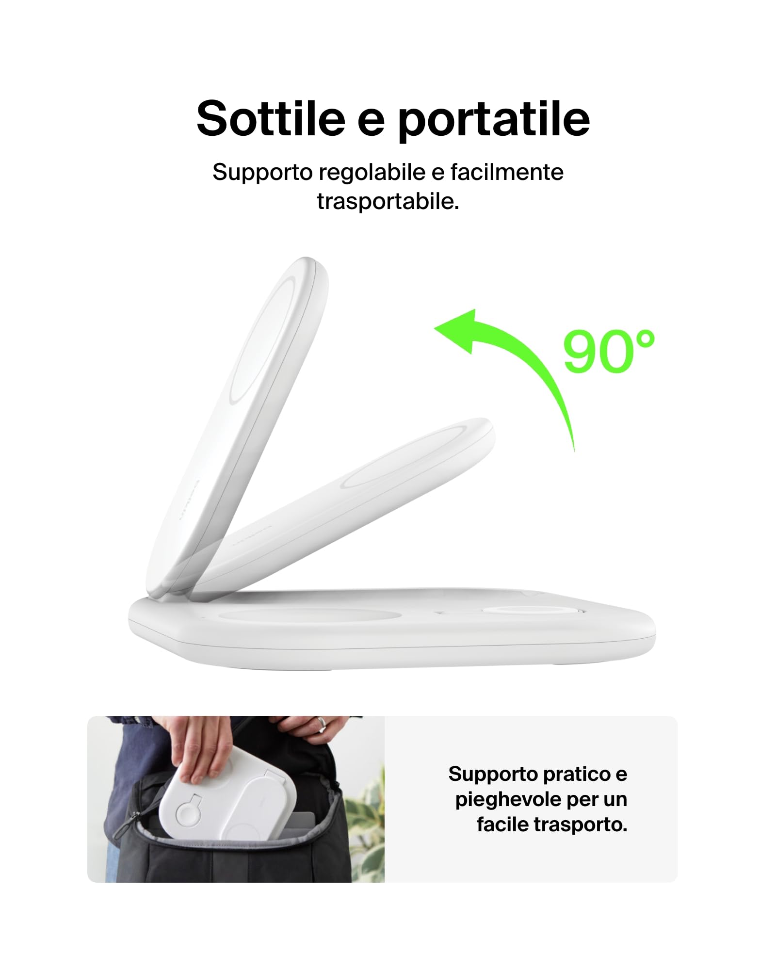 Belkin BoostCharge Caricabatteria magnetico pieghevole 3 in 1 con Qi2 da 15 W, Caricatore rapido compatibile con MagSafe, Apple iPhone 17, Air, Pixelsnap, Apple Watch ed AirPods, alimentatore - Bianco