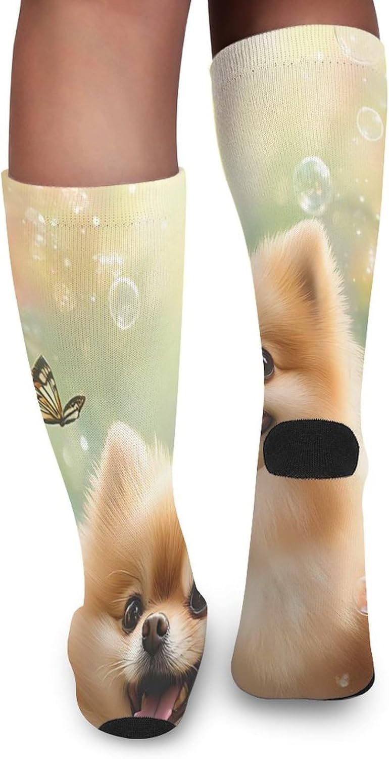 Pomeranian Dog Butterfly Knee High Socks Athletic Long Stockings Sport Casual Crew Tube Sock Boot 46cm